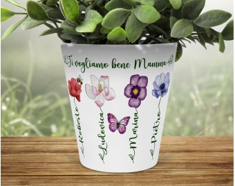 Vasetto portapianta personalizzato per la Mamma con disegni di fiori, nomi dei figli e scritta personalizzata, idea regalo Festa della Mamma, compleanno