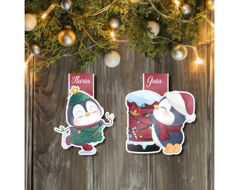 Segnalibro magnetico plastificato natalizio con pinguini personalizzato con nome set da 6 o 12 pezzi gadget compleanno regalo fine festa Natale