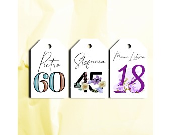 12 cartellini tag bigliettini per compleanno adulti 18-99 anni personalizzati con nomi stampati numero anni stile dei numeri a scelta per bomboniere ricordino regalo fine festa segnaposto