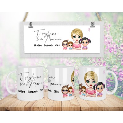 Tazza mug personalizzata con mamma e bambini in stile chibi idea regalo festa della mamma compleanno frase e disegni personalizzati