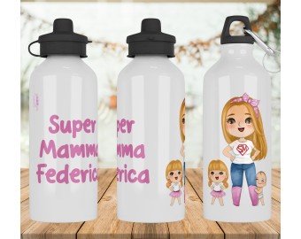 Borraccia per la mamma SuperMamma personalizzata con frase Bottiglia alluminio acqua riutilizzabile ecologica sport tempo libero Regalo per la festa della mamma