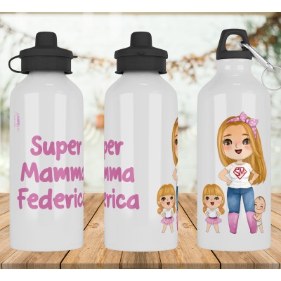 Borraccia per la mamma SuperMamma personalizzata con frase Bottiglia alluminio acqua riutilizzabile ecologica sport tempo libero Regalo per la festa della mamma