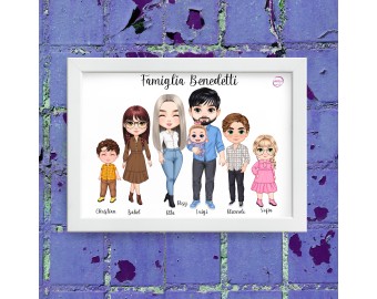 Ritratto di famiglia personalizzato caricature chibi mamma papà bambino bambina ragazzo ragazza neonato illustrazione stampa quadro regalo coppia quadretto