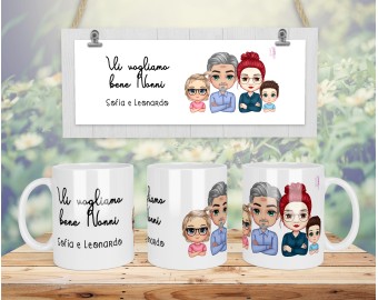 Tazza mug personalizzata con nonno nonna nipoti in stile chibi idea regalo festa dei nonni frase e disegni personalizzati