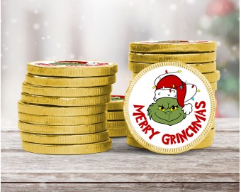 Monete di cioccolato Grinch Natale personalizzate con frase soldi di cioccolato al latte personalizzati regalo per calze per bambini omaggio ospiti vigilia di Natale tavola di Natale regalo personalizzato