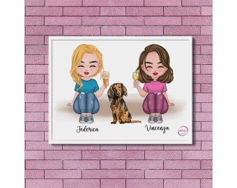 Quadretto personalizzato due ragazze amiche sorelle con cani idea regalo per due amiche stampa o con cornice 18x13 cm o 29,5x21