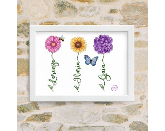 Quadretto personalizzato con fiori e nomi ritratto di famiglia farfalle ape idea regalo parenti amici con cornice 18x13 cm o 29,5x21