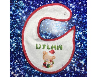 Bavaglino natalizio personalizzato con orsetti e nome regalo natalizio bambino neonato in spugna con bordo rosso disegno e frase a scelta
