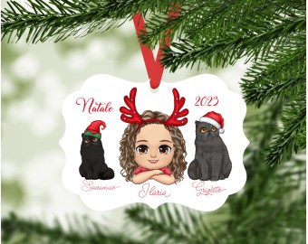 Decorazione con bambina o bambino con gatti e cani stile chibi per albero di Natale personalizzata con nomi e frase idea regalo natalizia