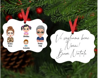 Decorazione famiglia personalizzato caricature chibi nonno nonna papà mamma bambini per albero di Natale personalizzata con nomi e frase idea regalo natalizia