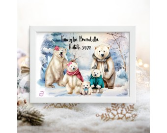 Quadretto personalizzato famiglia di orsi polari bianchi idea regalo di natale da due a sei personaggi natalizi con cornice 18x13 cm o 29,5x21 