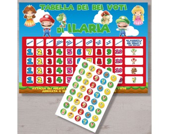 Tabella dei bei voti scolastici per bambini a tema Idraulico Mario personalizzato con nome 1 poster 80 adesivi e premi Luigi videogioco