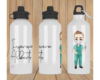 Borraccia personalizzata per dottore medico infermiere paramedico Bottiglia alluminio acqua riutilizzabile ecologica con caricatura con nome o dedica Idea regalo ringraziamento gratitudine