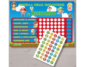 Tabella delle ricompense per bambini a tema Idraulico Mario personalizzato con nome 1 poster 80 adesivi 7 azioni e premi Luigi videogioco
