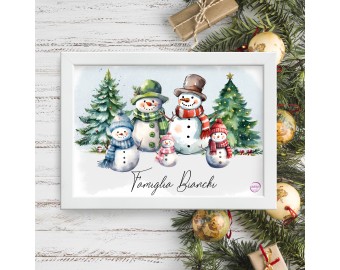 Quadretto personalizzato famiglia di pupazzi di neve idea regalo di natale da due a sei personaggi natalizi con cornice 18x13 cm o 29,5x21 