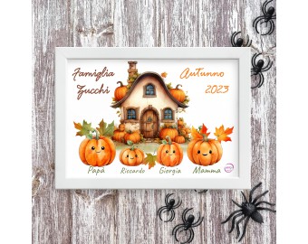 Quadretto personalizzato famiglia di zucche autunno halloween idea regalo da due a sei personaggi con cornice 18x13 cm o 29,5x21