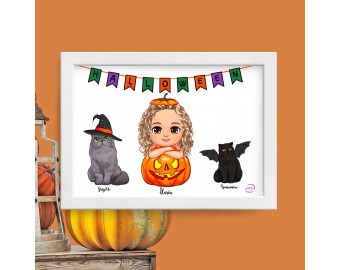 Quadretto per halloween con bambina o bambino con gatti decorazione festa di halloween poster cameretta personalizzato con nomi