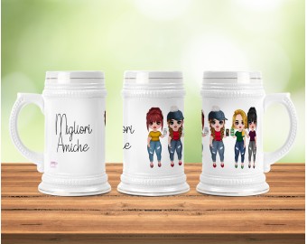 Boccale da birra in ceramica personalizzato con disegno caricaturale di ragazze migliori amiche amicizia e frase 