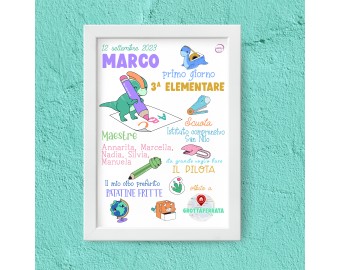 Quadretto primo giorno di scuola bambina e bambino dinosauri ritorno scuola primaria elementare asilo personalizzato ricordo scolastico diploma regalo