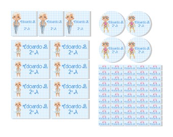 Set di etichette adesive scolastiche bambola alla moda fashion boy personalizzate con nome e classe per matite, penne, quaderni, libri e materiale scolastico 4 misure diverse 
