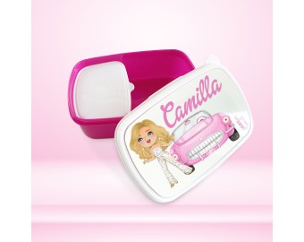Porta pranzo porta merenda lunch box doppio scomparto personalizzato con nome per scuola e asilo Bambola alla moda Fashion Doll Ragazza in rosa 