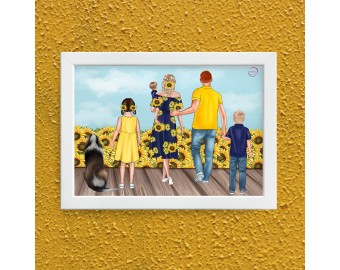 Quadro personalizzato con famiglia in estate con girasoli mamma papà bambini e cane idea regalo coppia