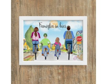 Quadro personalizzato con famiglia in bicicletta quadro vacanze sport ciclismo tempo libero mamma papà e bambini idea regalo