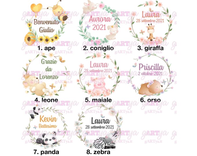 20 adesivi stickers rotondi personalizzati con nomi e disegni di animaletti  per bomboniere segnaposto cerimonie comunione