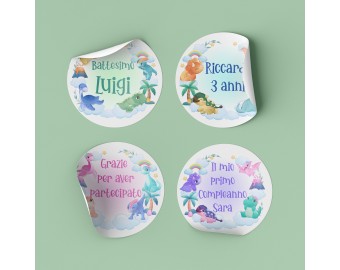 20 adesivi stickers tondi Dinosauri personalizzati con nome, data o frase per bomboniere segnaposto compleanno party kit feste battesimo nascita comunione 