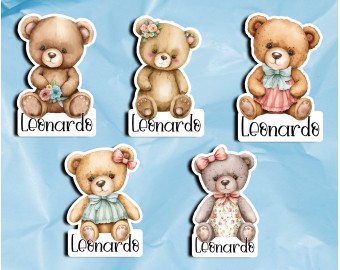 12 etichette adesive stickers sagomati orsi orsetti personalizzate con nome per feste compleanni cerimonie battesimo nascita comunione babyshower