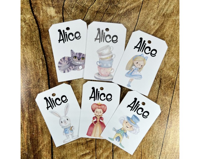12 cartellini tag bigliettini Alice nel paese delle meraviglie compleanno  bambini personalizzati disegno a scelta per