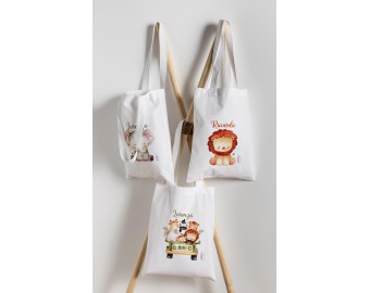 Shopper borsa sacca personalizzata con nome per bambini scuola asilo portacambio portagiacca portacappotto disegni di animali leone elefante
