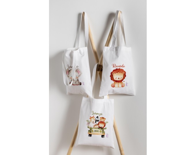 Shopper borsa sacca personalizzata con nome per bambini scuola asilo  portacambio portagiacca portacappotto disegni di animali