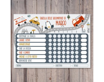 Tabella delle ricompense per bambini Autovetture autoveicoli camion macchinine personalizzato con nome 1 poster 100 adesivi 7 azioni e premi