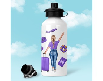 Borraccia personalizzata ragazza in viaggio Bottiglia alluminio acqua riutilizzabile ecologica sport tempo libero ufficio