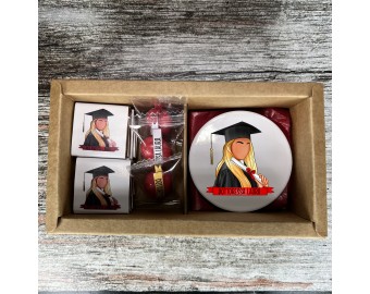 Calamita in ceramica cioccolatini e confetti per Laurea in scatola con avatar e nome bomboniera idea regalo personalizzata diploma di laurea