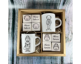 2 tazzine da caffè espresso personalizzate e 24 cioccolatini in scatola regalo con disegno e nomi idea regalo per la nonna e il nonno festa dei nonni