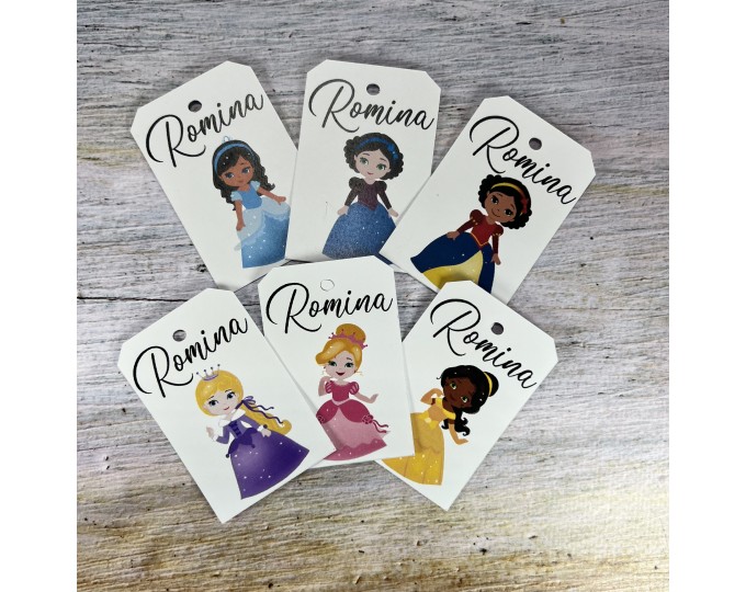12 cartellini tag bigliettini principesse delle fiabe per compleanno bambini  personalizzati con nomi personaggio a scelta