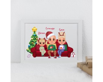 Quadretto personalizzato famiglia natalizia in stile chibi idea regalo per coppie con bambini natale pigiam con cornice 18x13 cm o 29,5x21