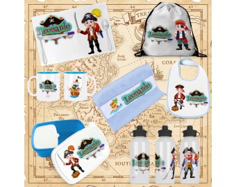 Set coordinato pirata personalizzato per scuola e asilo zainetto borraccia portamerenda asciugamano tazza di plastica tovaglietta bavaglino