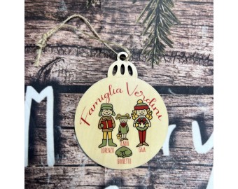 Decorazione per albero di Natale in legno personalizzata con ritratto caricaturale di famiglia e frase e nomi personalizzati idea regalo natalizia ornamento festività