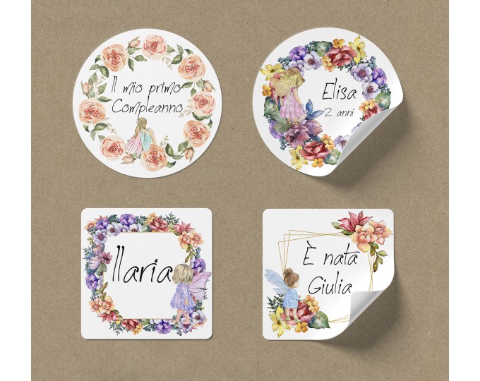 20 etichette adesive rotonde o quadrate personalizzate con fatine cornici  floreali per bomboniere segnaposto cerimonie comunione