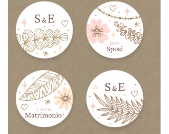 20 adesivi stickers tondi personalizzati con nomi fiori oro e cipria per bomboniere segnaposto cerimonie matrimonio comunione battesimo nozze oro argento