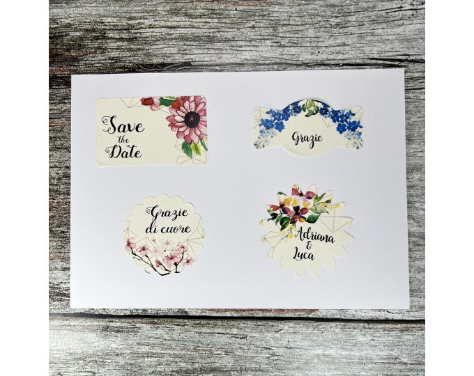 10 adesivi stickers motivi floreali personalizzati forme varie carta  vergata avorio per bomboniere segnaposto cerimonie matrimonio