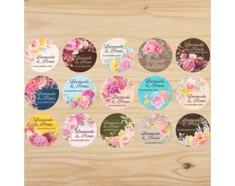 20 adesivi stickers tondi personalizzati con nomi e motivo floreale rose vintage per bomboniere segnaposto cerimonie matrimonio comunione battesimo nozze oro argent