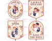 15 adesivi stickers forme varie personalizzati con nomi e disegni stilizzati di sposi per bomboniere segnaposto cerimonie matrimonio nozze oro argento