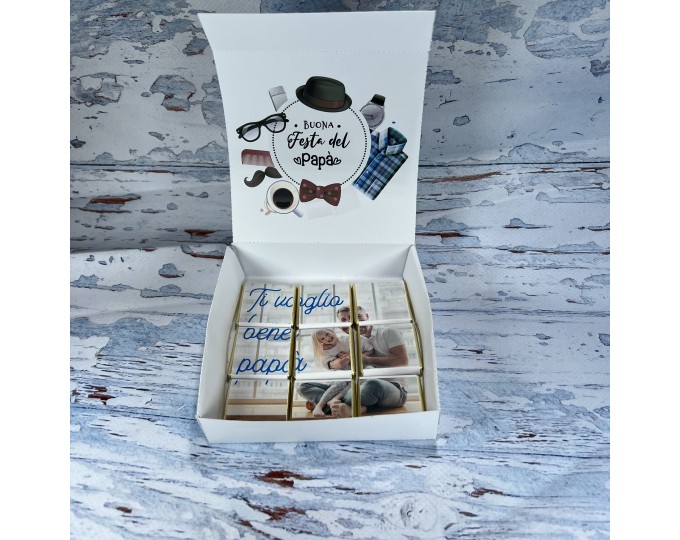 Scatola con 9 cioccolatini personalizzati con foto per la festa del papà  fondenti o al latte