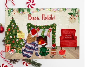 Puzzle grande mamma bambino e gatto, regalo di natale per mamma, biglietto di auguri nuovo anno con personaggi e frase personalizzata tema natalizio 