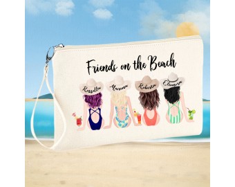 Pochette migliori amiche al mare bustina portatrucco trousse personalizzata con nomi borsetta da spiaggia costume e cappello