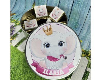 Scatola personalizzata con 60 cioccolatini personalizzati per battesimi babyshower nascite con leoncini coniglietti giraffe elefantini orsetti tigrotti koala panda